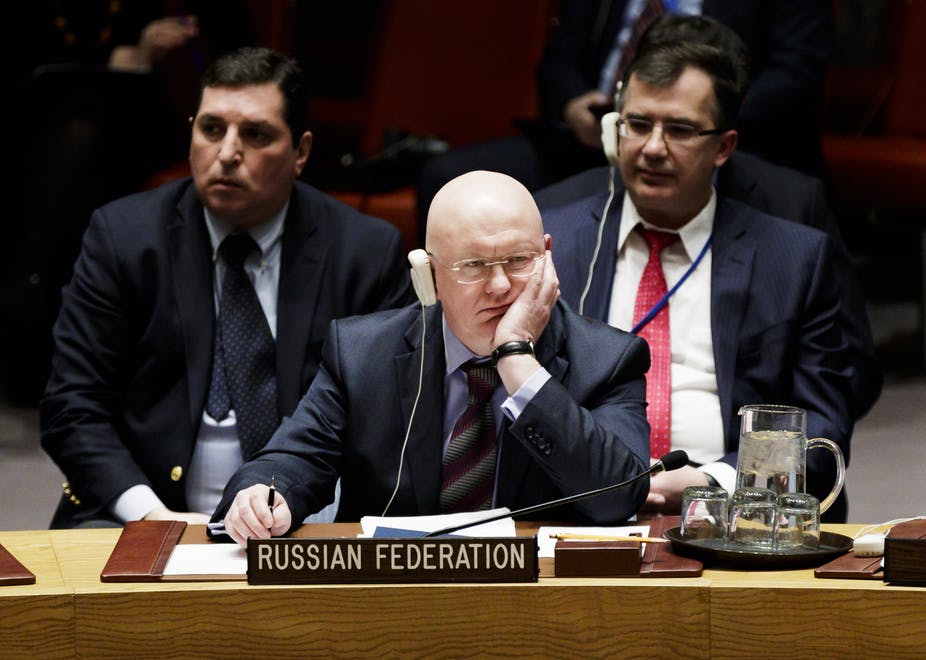 Russia’s ambassador to the UN, Vassily Nebenzea. EPA/Justin Lane