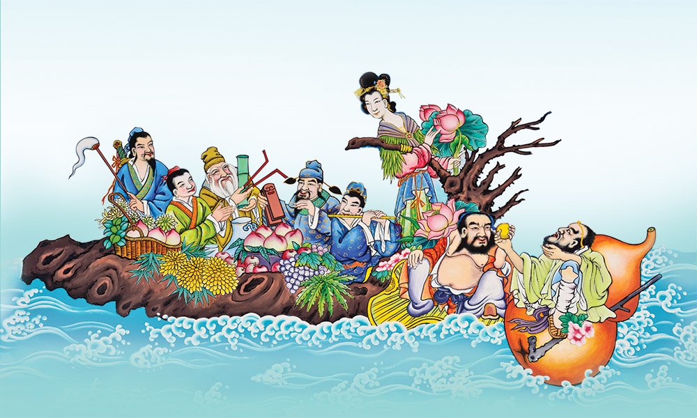 The Eight Immortals. Fourth from the left is Cao Guojiu, who is often depicted wearing imperial robes and carrying a jade plaque. On the far left is Lü Dongbin (吕洞宾), who guided Cao to immortality.