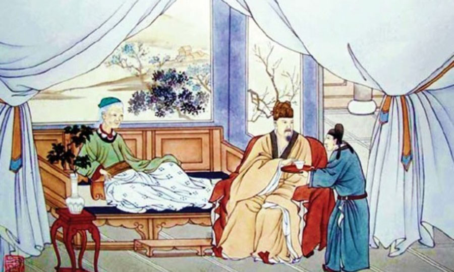 Emperor Han Wendi (Western Han Dynasty) tastes his mother’s herbal medicine first, to ensure it is not too hot before feeding it to his sick mother.