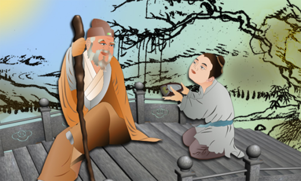 Zhang Liang puts shoes for an old man