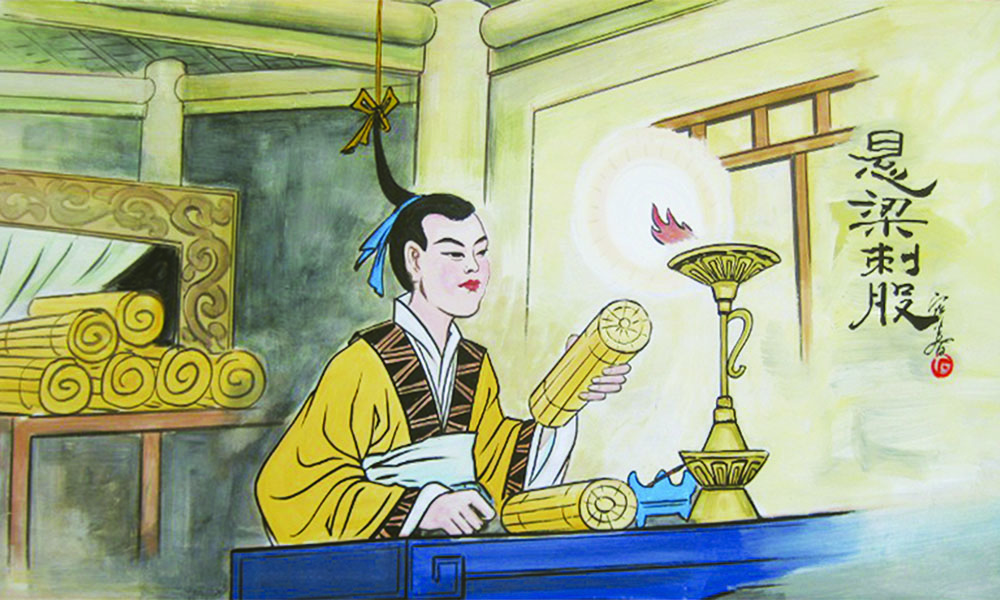 Sun Jing tying his hair to a beam.